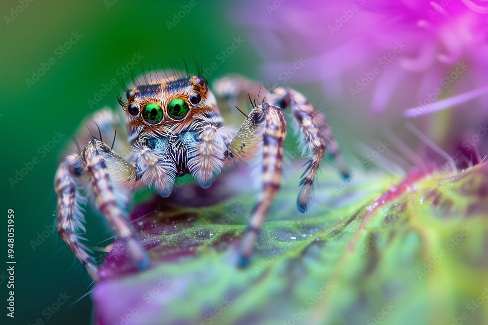 A spider rests on a flower with tiny water drops on petals. Generative AI A spider rests on a flower with tiny water drops on petals. Generative AI