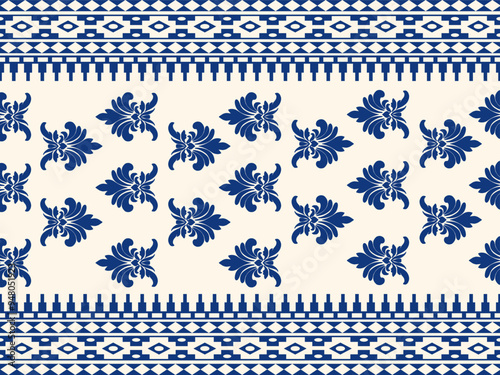 damask pattern in blue and white captures a fresh and contemporary take on a classic design. The geometric borders and delicate floral motifs create a sophisticated, yet modern feel, ideal for textile