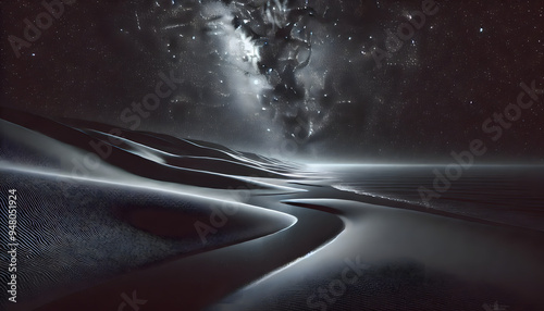 A photorealistic image of a starry sky shining over a beach with dark gray sand and shallow water. The Milky Way is prominently visible above the sea, creating a serene and awe-inspiring scene