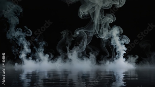 Mist rising from calm water at night with reflection on dark background