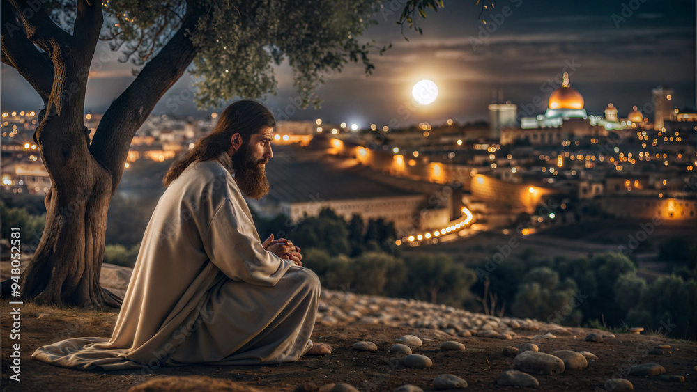 A man reflected in prayer overlooking Jerusalem at night with a glowing moon in the sky A man reflected in prayer overlooking Jerusalem at night with a glowing moon in the sky