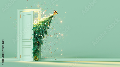Fototapeta Naklejka Na Ścianę i Meble -  Christmas tree enters the door. Christmas is here concept on mint green background with copy space. 3D Rendering, 3D Illustration	