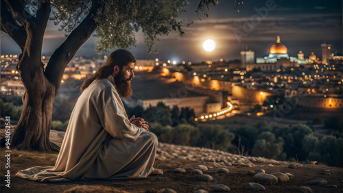 A man reflected in prayer overlooking Jerusalem at night with a glowing moon in the sky photo