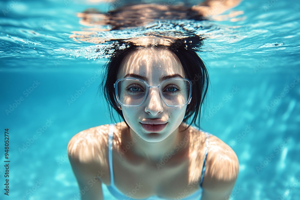 Naklejka premium Happy young woman swimming underwater in the sea at the day time. Healthy lifestyle concept 