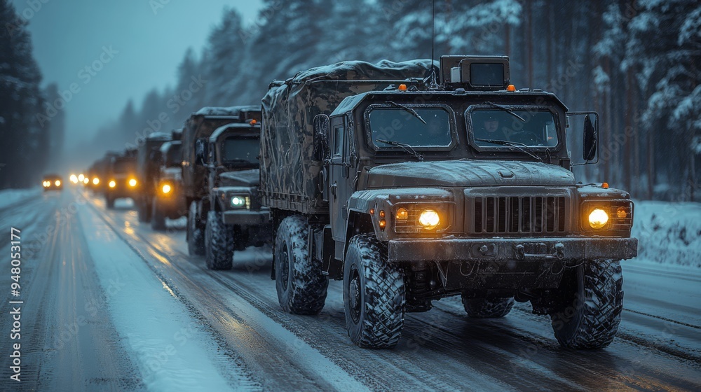 Military Convoy in Winter Storm Military Convoy in Winter Storm