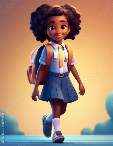 3d rendering a cute girl with school bag, wearing uniform, walking to school, character cartoon