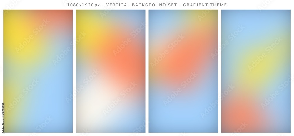 Fototapeta premium Mesh gradient vertical background set. Abstract, template, orange, yellow, light green, sky blue colors theme.