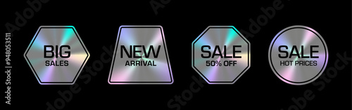 Holographic stickers set with a metallic sheen showcasing various promotional messages such as "BIG SALES," "NEW ARRIVAL," and "SALE." The hologram tags have distinct shapes and vibrant reflect.