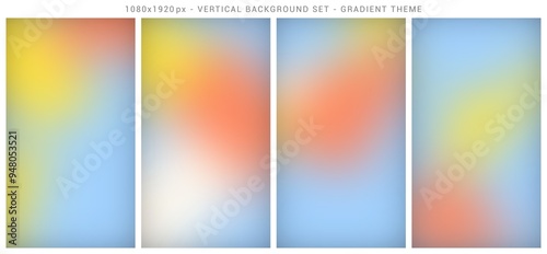 Mesh gradient vertical background set. Abstract, template, orange, yellow, light green, sky blue colors theme.