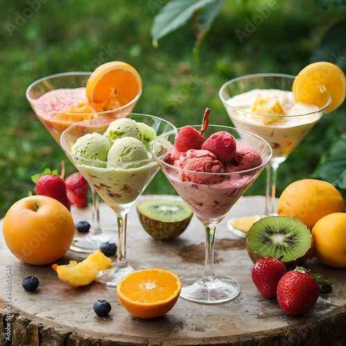 ice cream with fruits in glasses