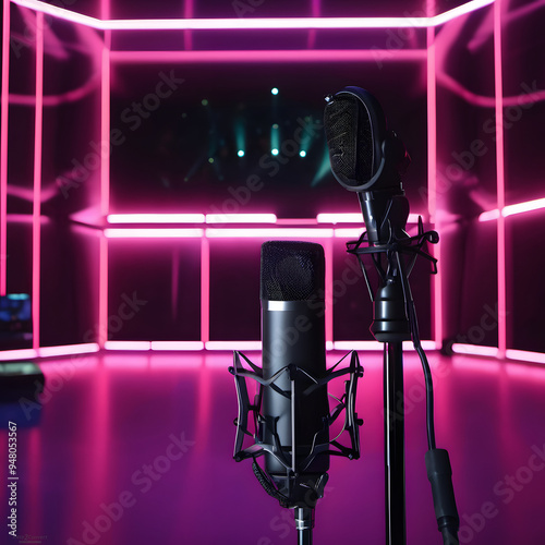 A professional microphone setup in a room with purple neon lighting, suggesting a high-quality audio production environment. This creates a visually striking and immersive atmosphere.