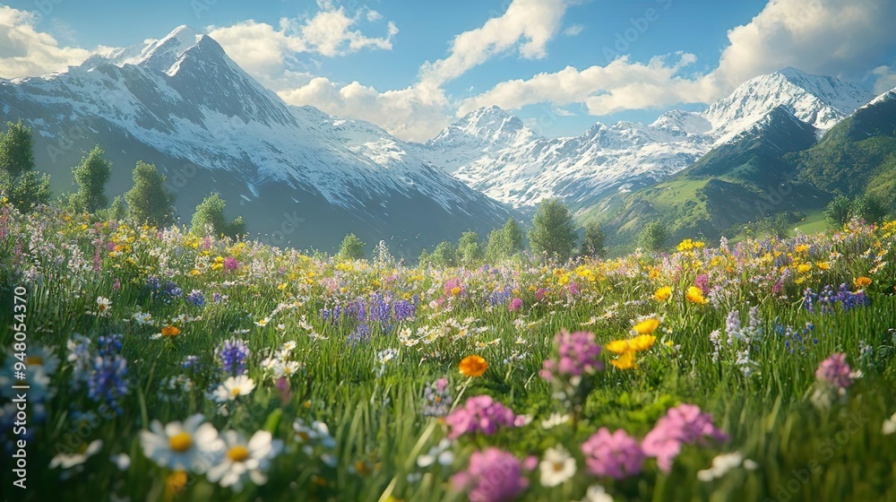 Charming Lush Alpine Meadow with Wildflowers Blooming and Snowy Peaks Providing a Stunning Natural Backdrop Charming Lush Alpine Meadow with Wildflowers Blooming and Snowy Peaks Providing a Stunning Natural Backdrop