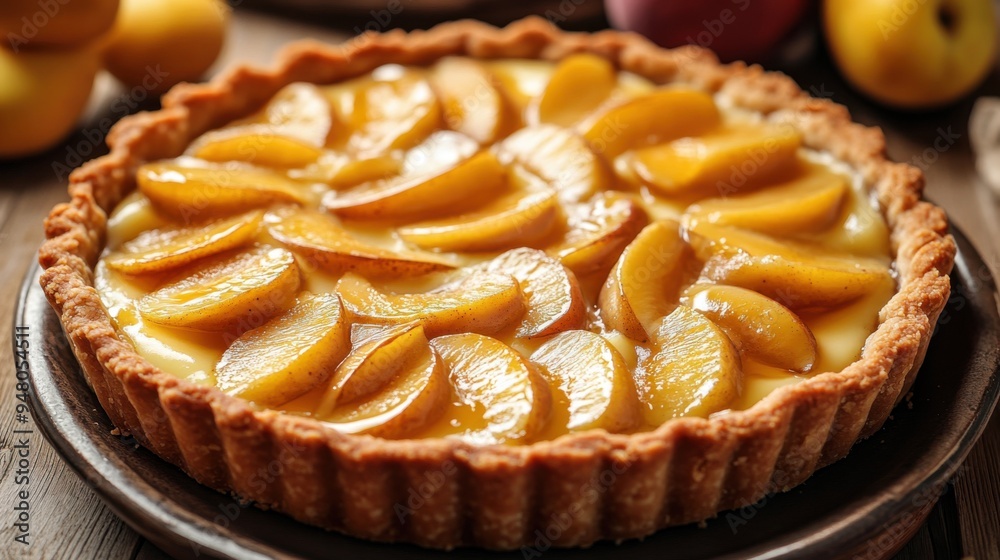Delicious Peach Tart with Flaky Crust and Creamy Custard, Homemade Dessert Recipe with Caramelized Fruit Topping Served on Rustic Plate Delicious Peach Tart with Flaky Crust and Creamy Custard, Homemade Dessert Recipe with Caramelized Fruit Topping Served on Rustic Plate
