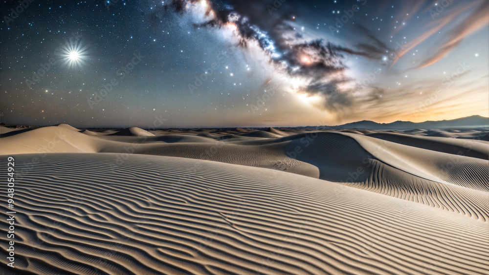 Naklejka premium A tranquil night in the desert with a stunning view of the Milky Way over rippled sand dunes