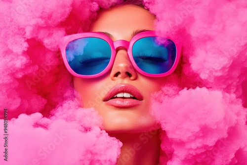 A person wearing vibrant pink sunglasses is enveloped in thick pink smoke, creating a striking and surreal visual effect that is both modern and artistic. photo