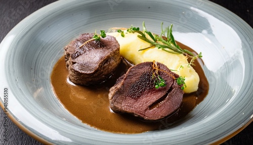 Roast beef tongue and braised cheeks with celery puree and truffle jus