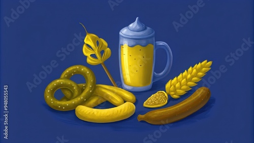 A Glass of Beer with Pretzel, Sausage, and Wheat photo