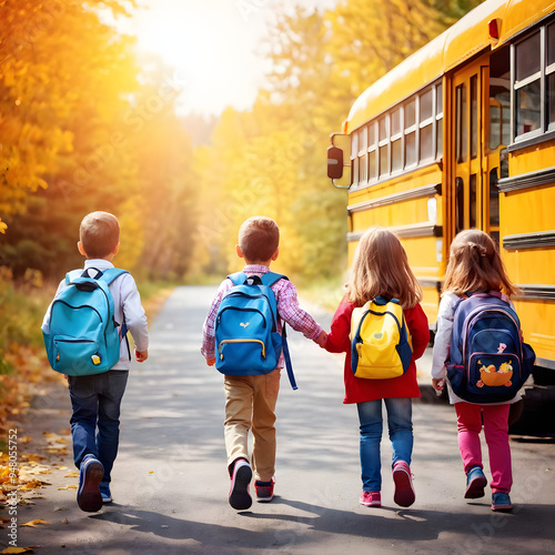 A rearview of a group of kindergarten children with backpacks running towards a yellow school bus in the sunshine