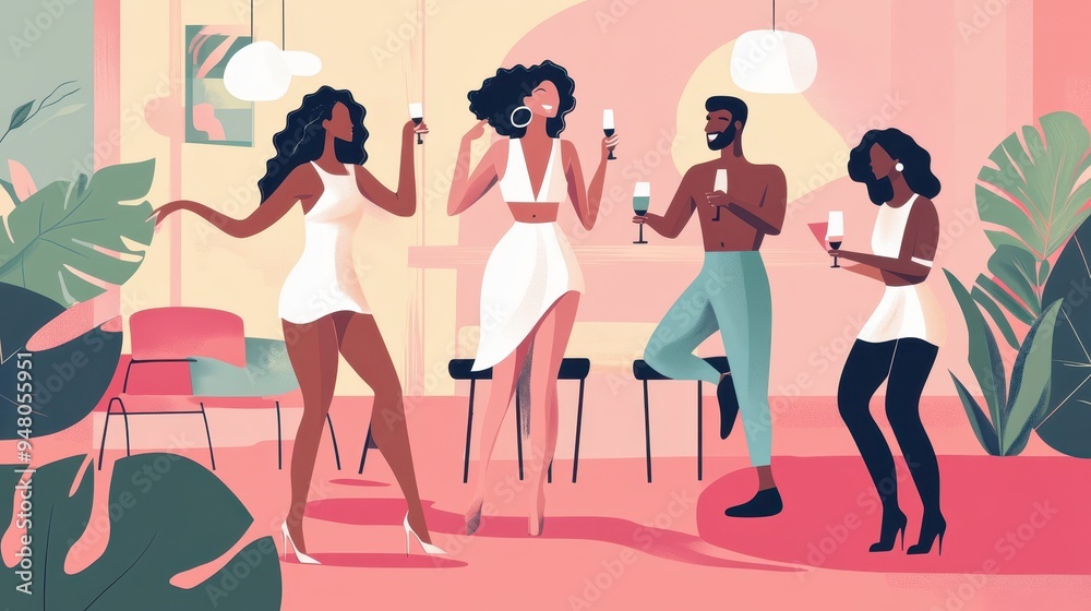A group of friends celebrates together, sharing drinks and dancing while enjoying the vibrant atmosphere of their lively gathering A group of friends celebrates together, sharing drinks and dancing while enjoying the vibrant atmosphere of their lively gathering