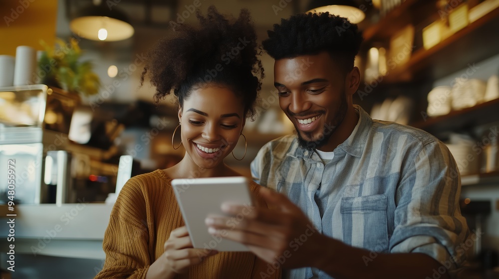 Couple enjoying coffee together while using a tablet at a cozy café in the afternoon Couple enjoying coffee together while using a tablet at a cozy café in the afternoon