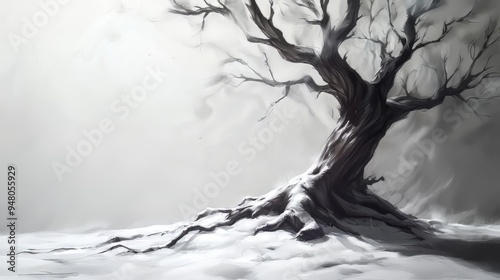 A monochrome illustration of a solitary, leafless tree with intricate branching patterns against a minimalist, light background. Ai generative.