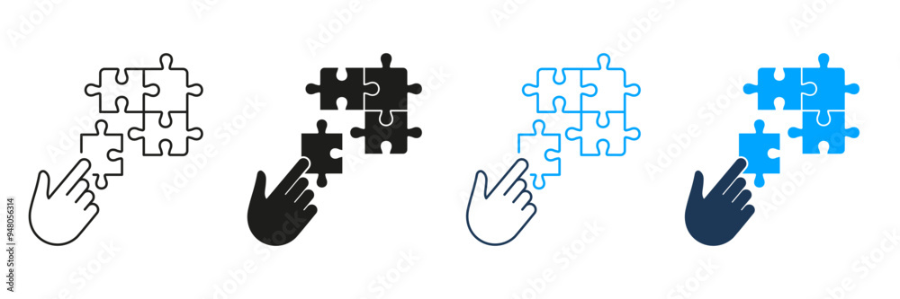 Puzzle Strategy Solution Line and Silhouette Icon Set. Jigsaw and Human Hand. Connect Parts of Puzzle. Editable Stroke. Isolated Vector Illustration