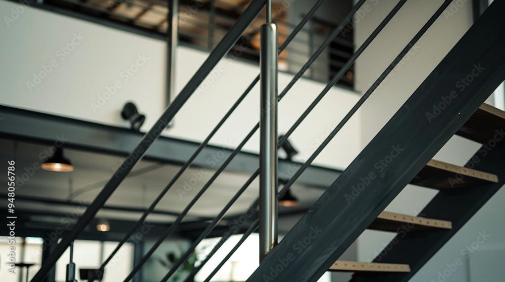 Close-up of a contemporary staircase railing leading up to a high-ceilinged loft space. Close-up of a contemporary staircase railing leading up to a high-ceilinged loft space.