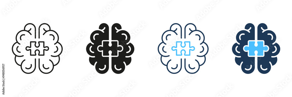 Jigsaw, Human Mind Concept Line and Silhouette Icon Set. Puzzle and Brain Symbol Collection. Editable Stroke. Isolated Vector Illustration Jigsaw, Human Mind Concept Line and Silhouette Icon Set. Puzzle and Brain Symbol Collection. Editable Stroke. Isolated Vector Illustration