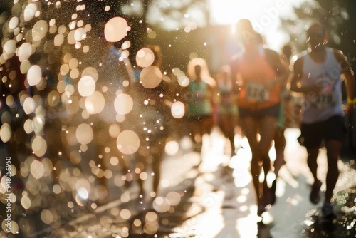 Water drops during marathon race refreshment break! Defocused marathon runners taking refreshment during a race in nature. Focus is on water drops.