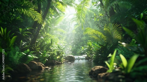 Dense Tropical Rainforest with Sunlight Filtering Through the Canopy and Illuminating the Lush Greenery