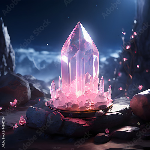 A rose quartz amulet as the central piece, surrounded by a collection of soft, fancy pink hues in a studio setting