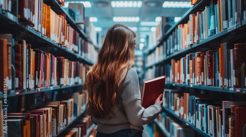 Female student in library, looking for books, preparing for final exam.