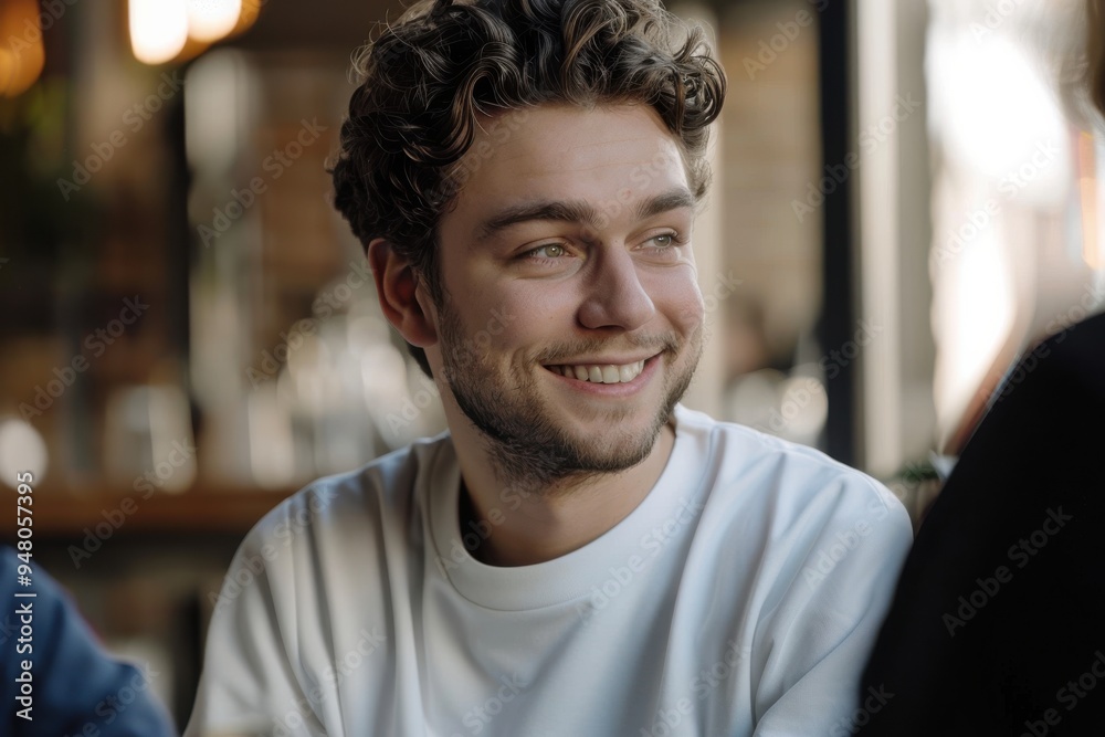smiling man talking to a friend smiling man talking to a friend