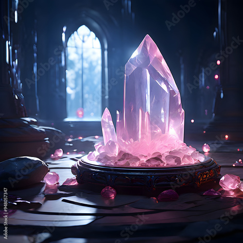 A rose quartz amulet as the central piece, surrounded by a collection of soft, fancy pink hues in a studio setting