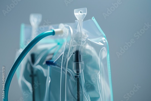 Close up of an intravenous drip with saline solution being prepared for a patient