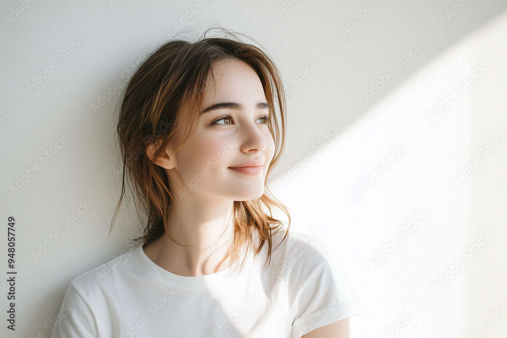 smile, photo, full color photo of side profile portrait of a woman with white t-shirt,his shadow against the wall, seamless white background, high contrast smile, photo, full color photo of side profile portrait of a woman with white t-shirt,his shadow against the wall, seamless white background, high contrast