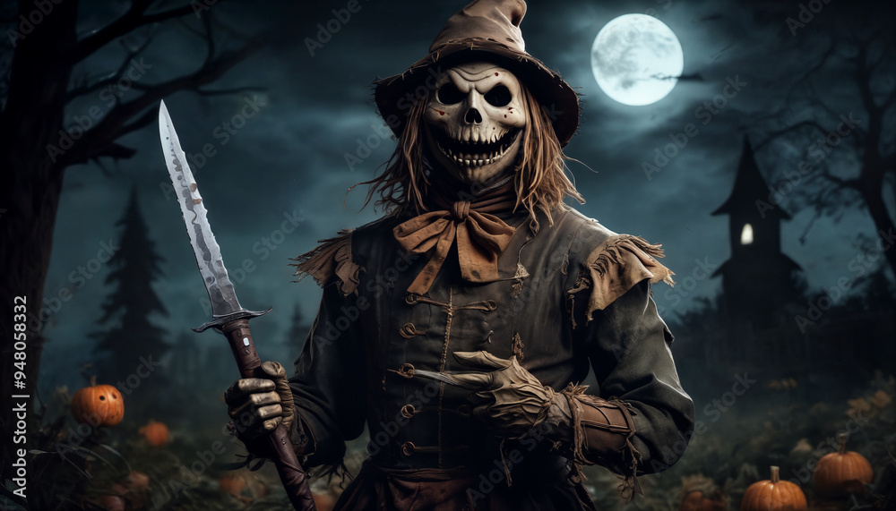 A menacing scarecrow holds a sword amidst a moonlit pumpkin patch on a cool autumn night A menacing scarecrow holds a sword amidst a moonlit pumpkin patch on a cool autumn night