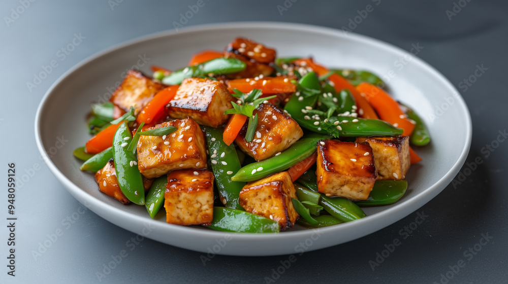 vegetable stir-fry with bell peppers, snap peas, carrots and tofu in savory sauce vegetable stir-fry with bell peppers, snap peas, carrots and tofu in savory sauce