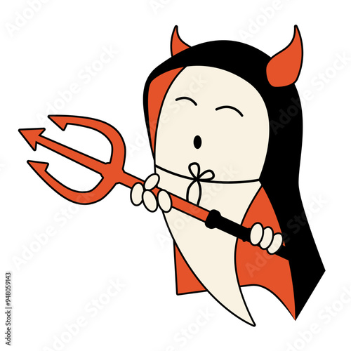 Cute ghost wearing Halloween devil costume and holding pitchfork
