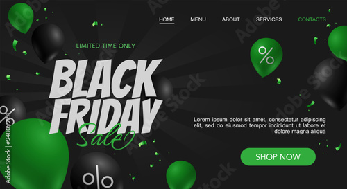 Black Friday sale landing page template with green and black balloons