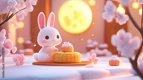 cute rabbits, moon cakes and moonlight, chinese mid-autumn festival background