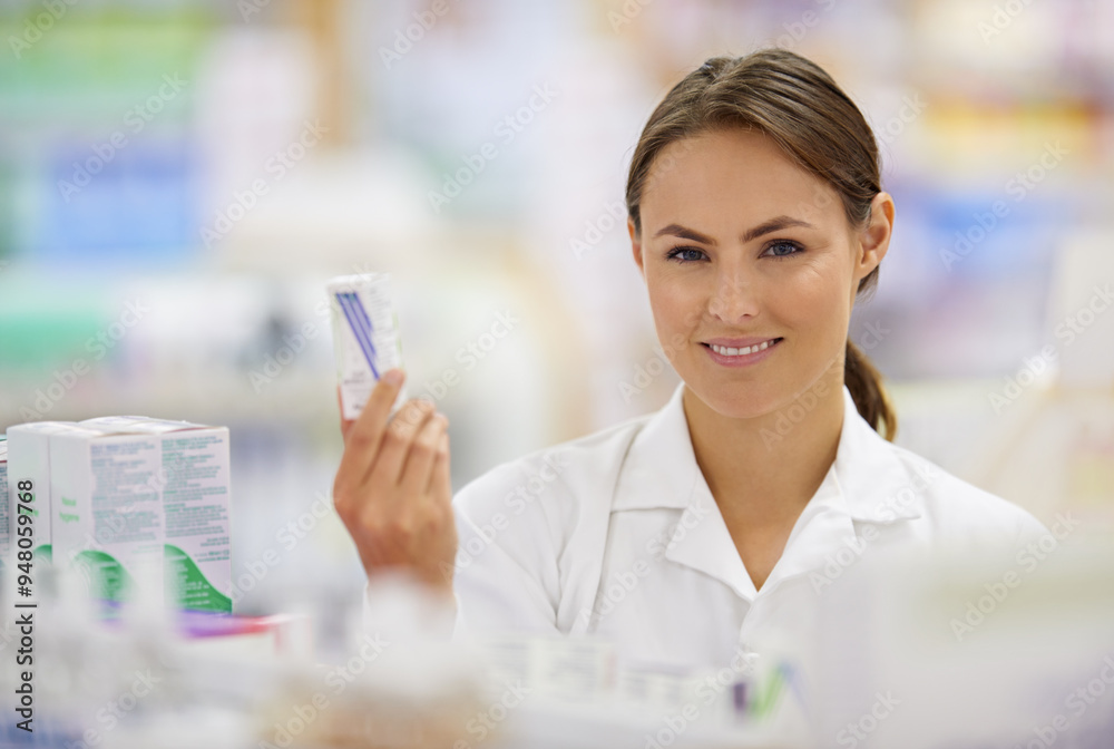 Pharmacy, box and portrait of pharmacist with confidence in drugstore for customer service, advice and medicine. Prescription drugs package, woman and inventory with pills, medication and retail Pharmacy, box and portrait of pharmacist with confidence in drugstore for customer service, advice and medicine. Prescription drugs package, woman and inventory with pills, medication and retail