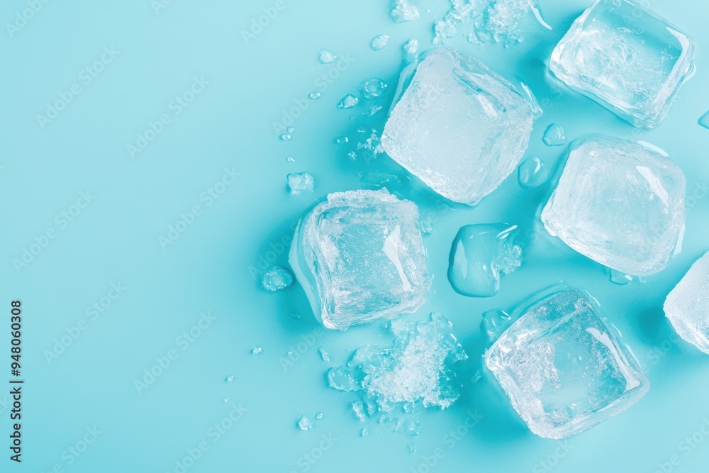 Refreshing ice cubes scattered on cool blue background Refreshing ice cubes scattered on cool blue background