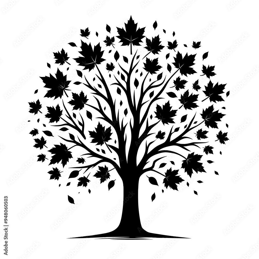 Obraz premium Black vector silhouette of an autumn tree isolated on a transparent background - Decorative autumn tree clipart