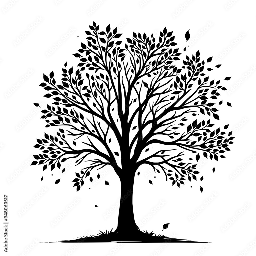 Obraz premium Black vector silhouette of an autumn tree isolated on a transparent background - Decorative autumn tree clipart