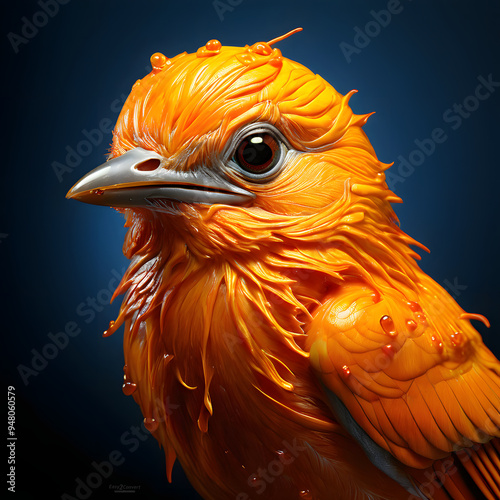 A small bird made from a fresh orange that has been cut open, rendered with photo-realistic techniques.
