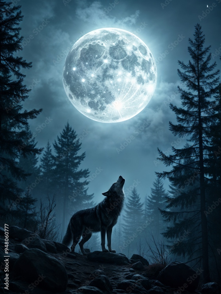 Lone Wolf Howling at a Glowing Full Moon in a Mystical Forest - Captivating Night Scene Lone Wolf Howling at a Glowing Full Moon in a Mystical Forest - Captivating Night Scene