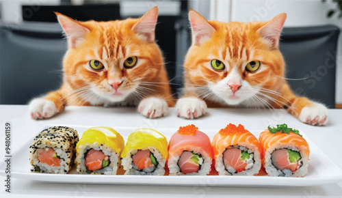 Adobe Illustrator Artwork, Two curious orange cats eyeing a plate of colorful sushi rolls.