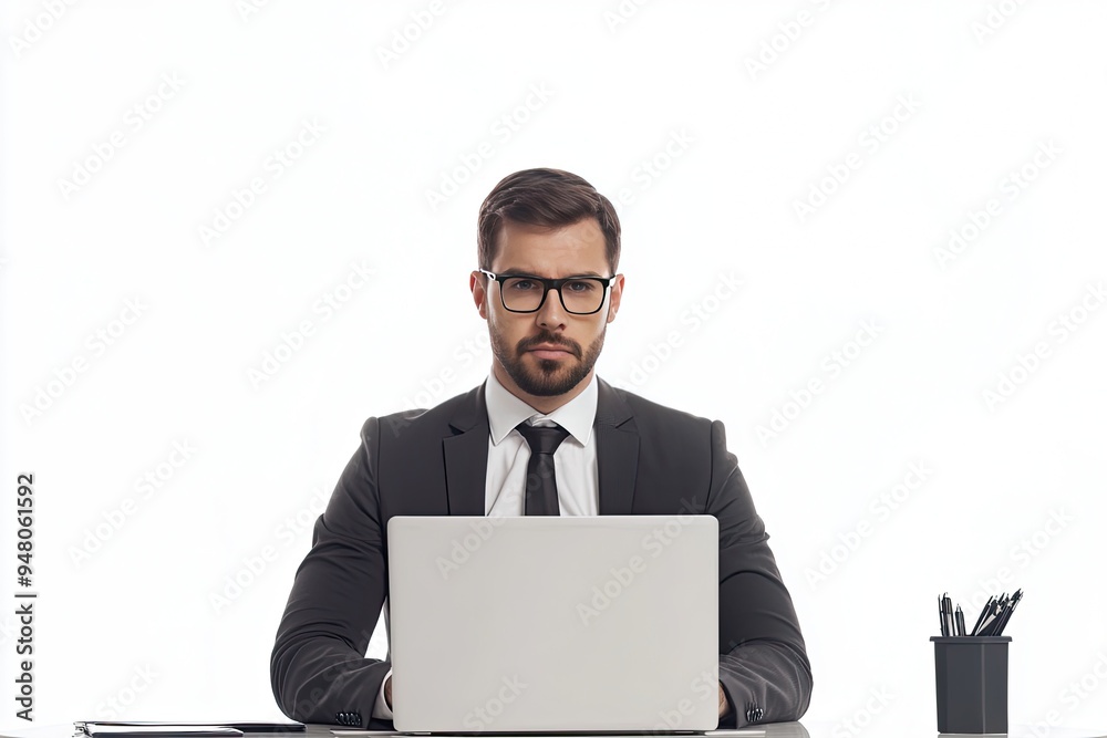 Serious young businessman sitting at his desk in front of laptop computer