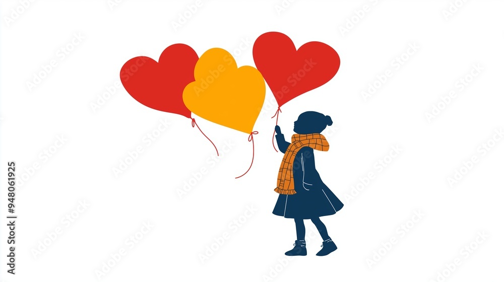 A silhouette of a girl holding colorful heart-shaped balloons against a white background A silhouette of a girl holding colorful heart-shaped balloons against a white background